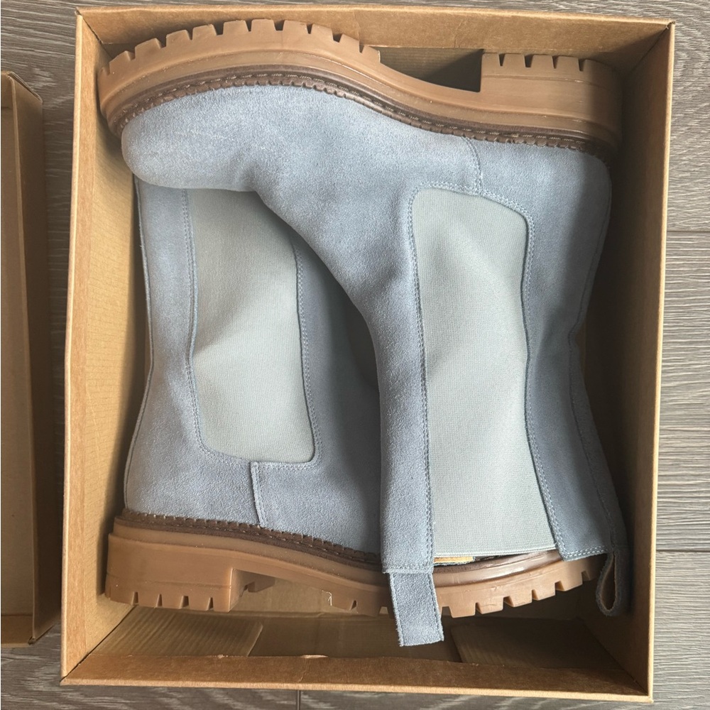 Maeve Light Gray Suede Chelsea Ankle Boots with Tan Lug Sole